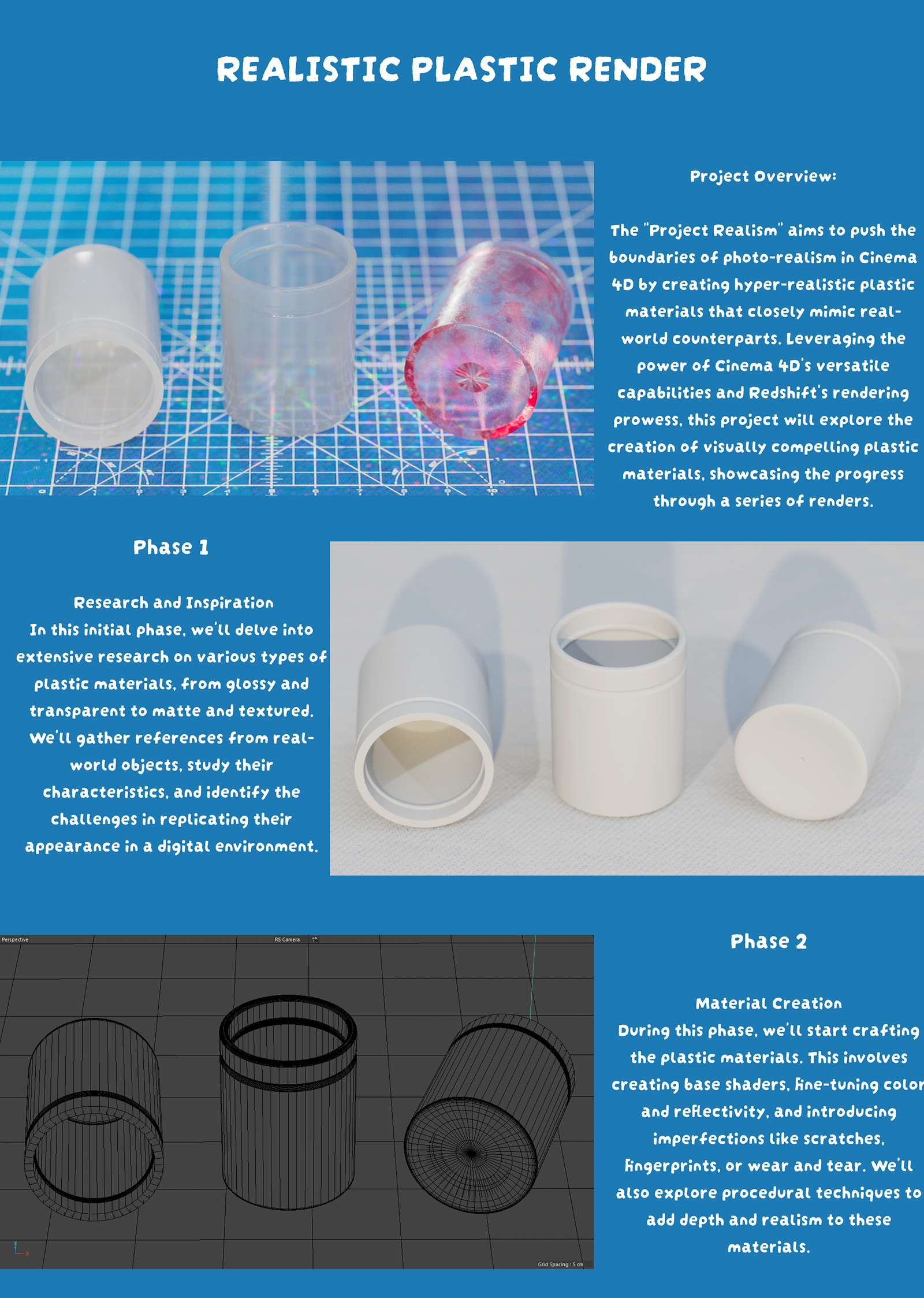 Crafting Hyper-Realistic Plastic Materials board showing research and early shader development